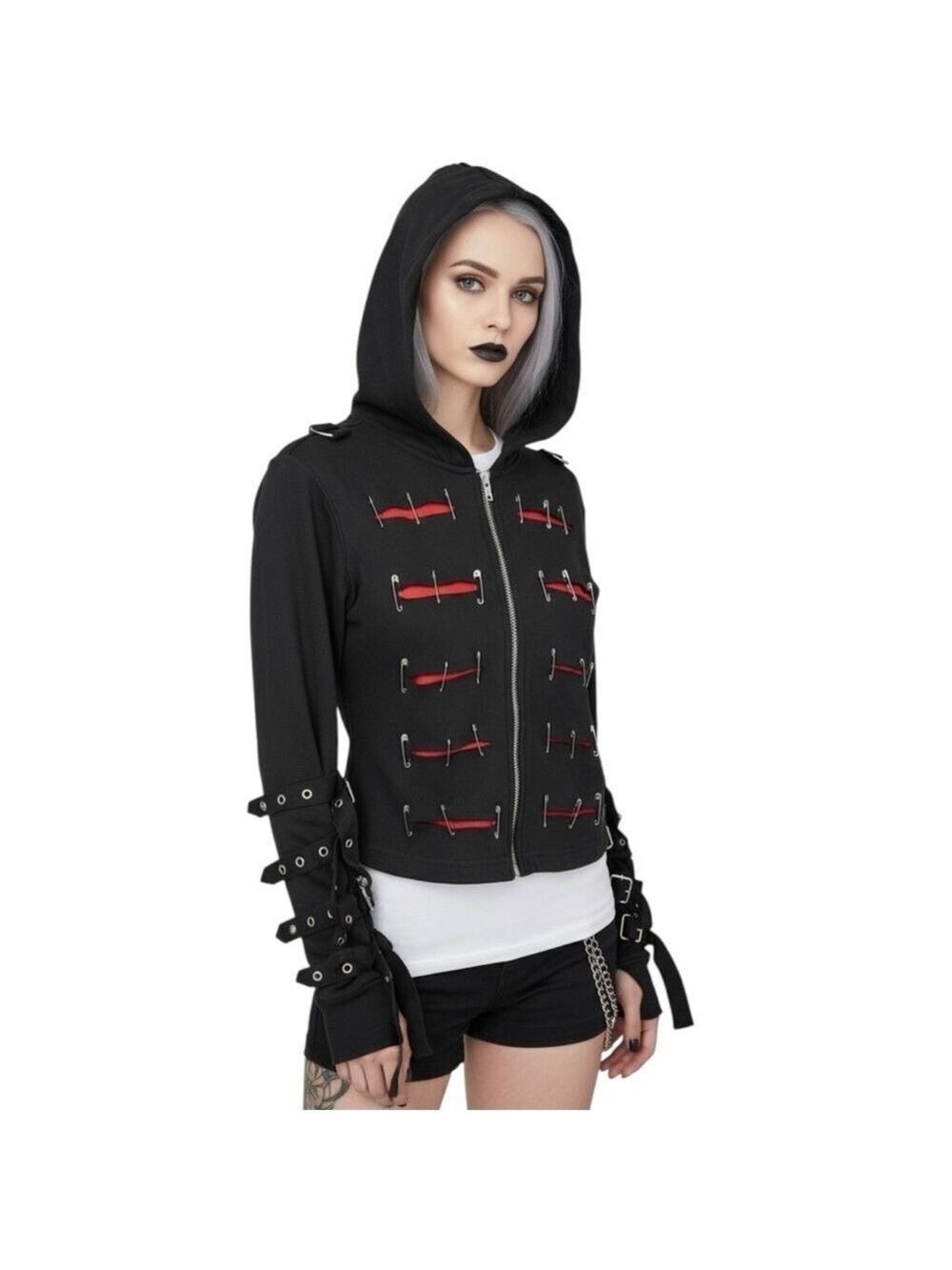 Sexy Dynamite London SDL Safety Pin Hoodie Y2K Goth Punk Black Juniors L Women S